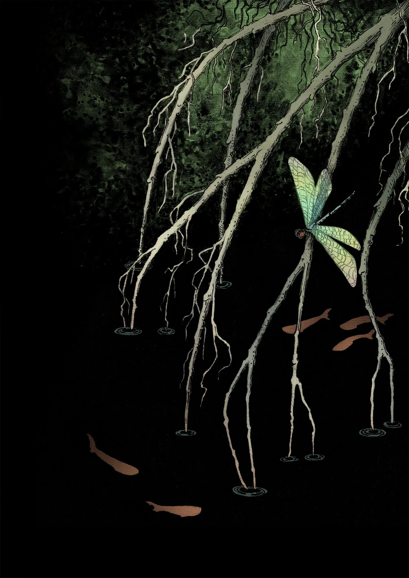 "Stillness", mixed media. A piece inspired by the peace and quiet of the Botanical Gardens. Roots are growing down from the upper right corner, into the black water, where little fish can be seen swimming under the surface. A dragonfly is sitting on 