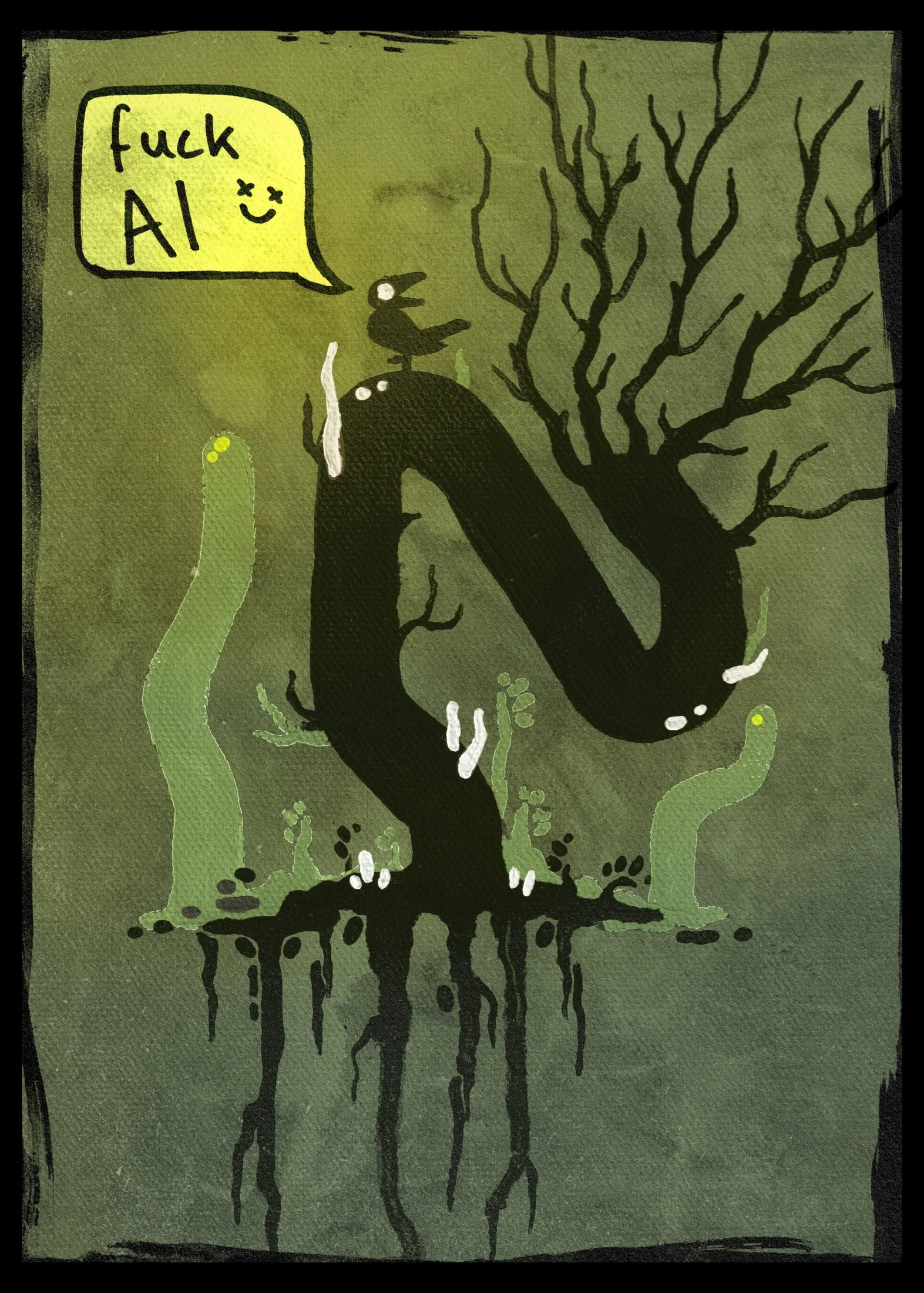 "Fuck AI", acrylics on canvas. A tiny crow sits on an weirdly shaped, barren tree, surrounded by surreal looking tree stumps. The crow says "Fuck AI".