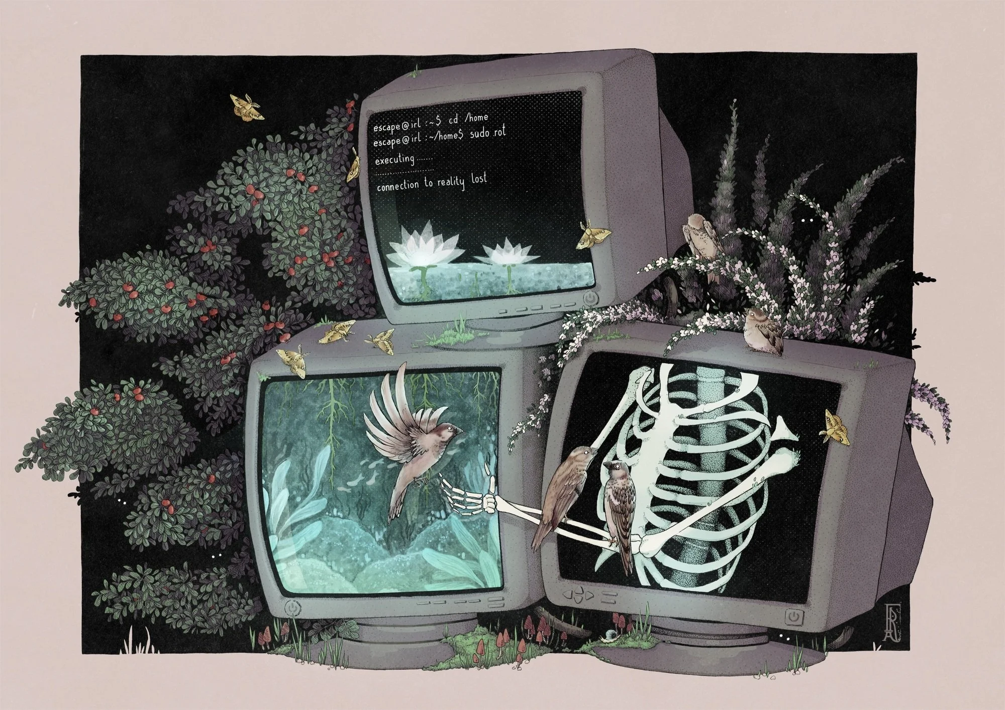"Connection Lost", a mixed media painting (ink & digital) of three old computer monitors surrounded by greenery, sparrows and moths. The lower right monitor shows a skeleton that seems to be reaching outside of it.
The lower left monitor shows an und