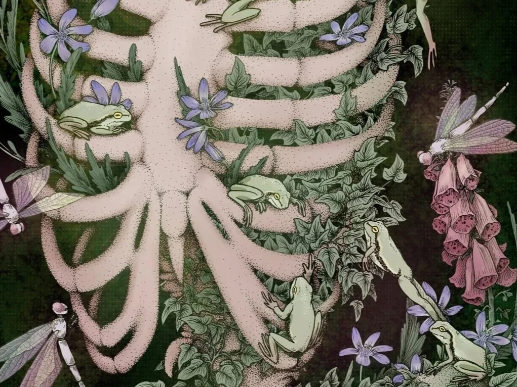 Illustration of a white octopus with frogs, dragonflies, flowers, and leaves in a lush jungle setting.