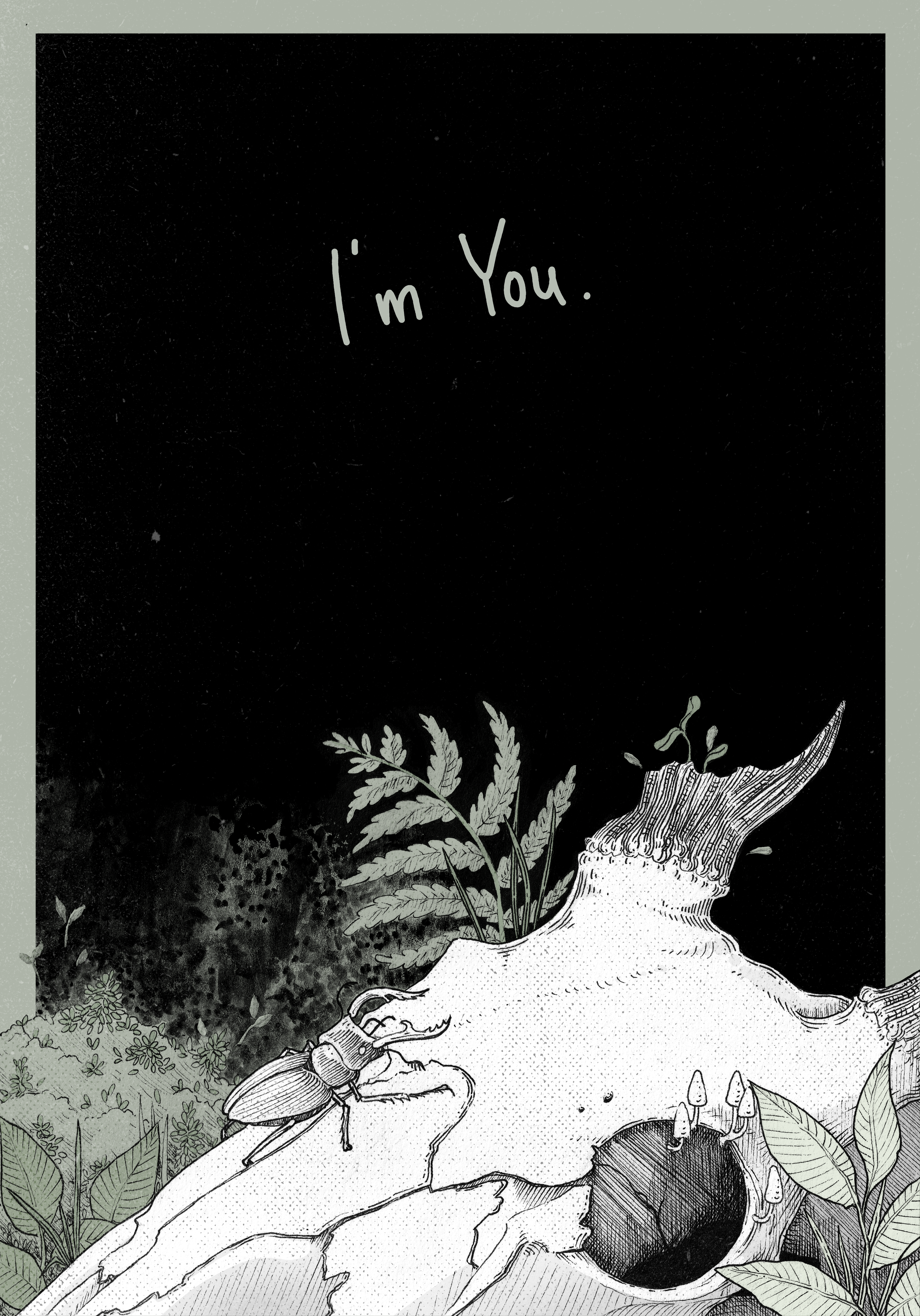 "I'm You", mixed media. This piece was inspired by walks through the forest. A deer skull is lying in the moss, and a stag beetle seems to be looking at the dead deer with its broken antlers. It seems to be wondering if they're actually that differen