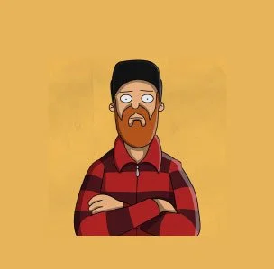 Illustration of a cartoon character with a red plaid shirt, black hat, and beard, against a yellow background. Enterprise Park Glasgow