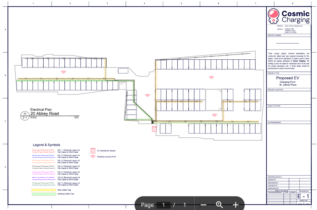 Electrical plan for an electric vehicle charging station at 20 Abbey Road, showing layout, single-story parking lot, and Wi-Fi symbols indicating wireless access points.