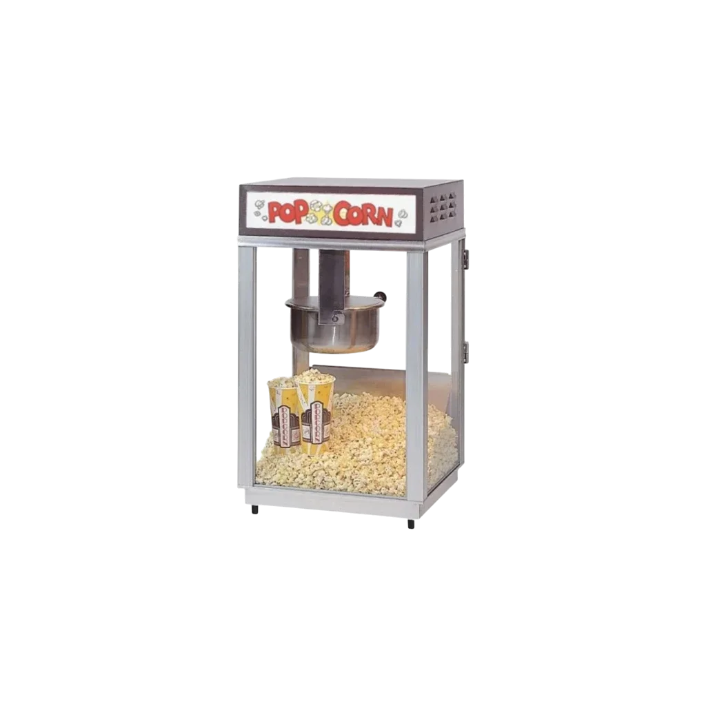 En popcornmaskine med tre bøtter popcorn i bunden.