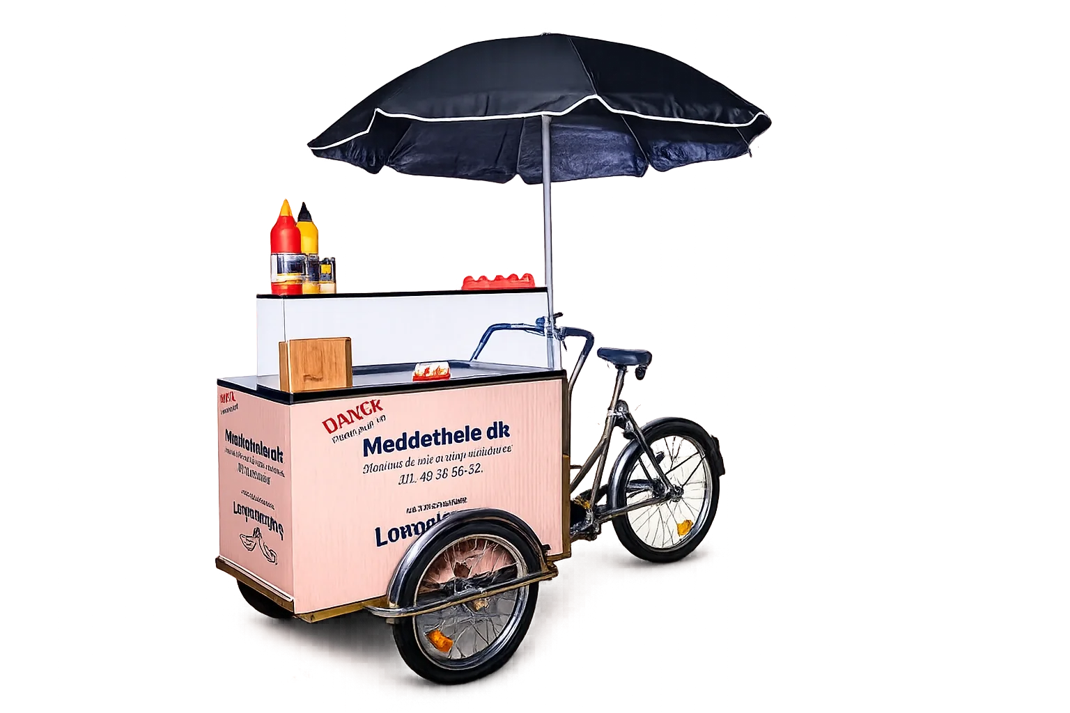En cykel med et stykgods, der er et madbod med reklame for en dansk hjemmeside, der sælger fødselsdagsartikler, med en sort paraply på toppen, og nogle ketchup- og senneps-flasker ovenpå.