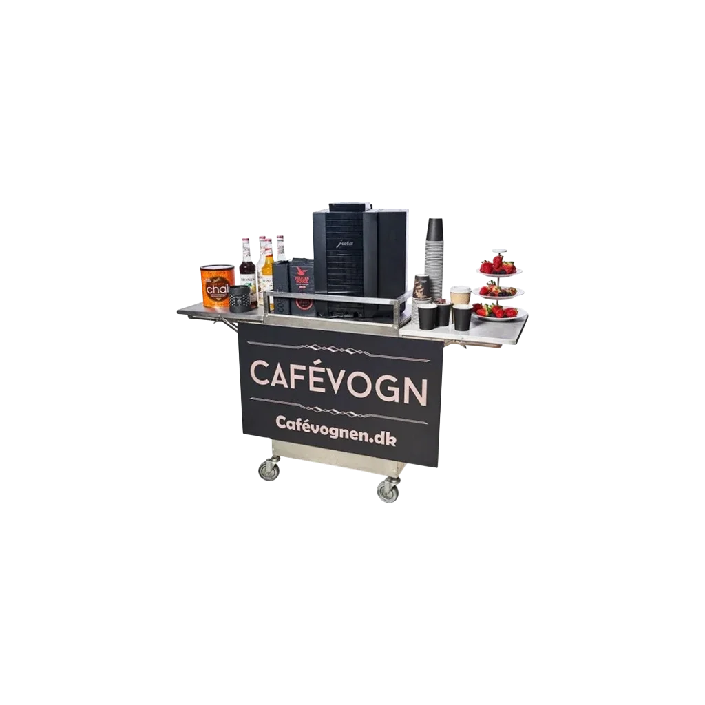 En cafévogn med logo'et cafevogn.dk, udstyret med kaffemaskine, kopper og snacks som jordbær og chokolade.