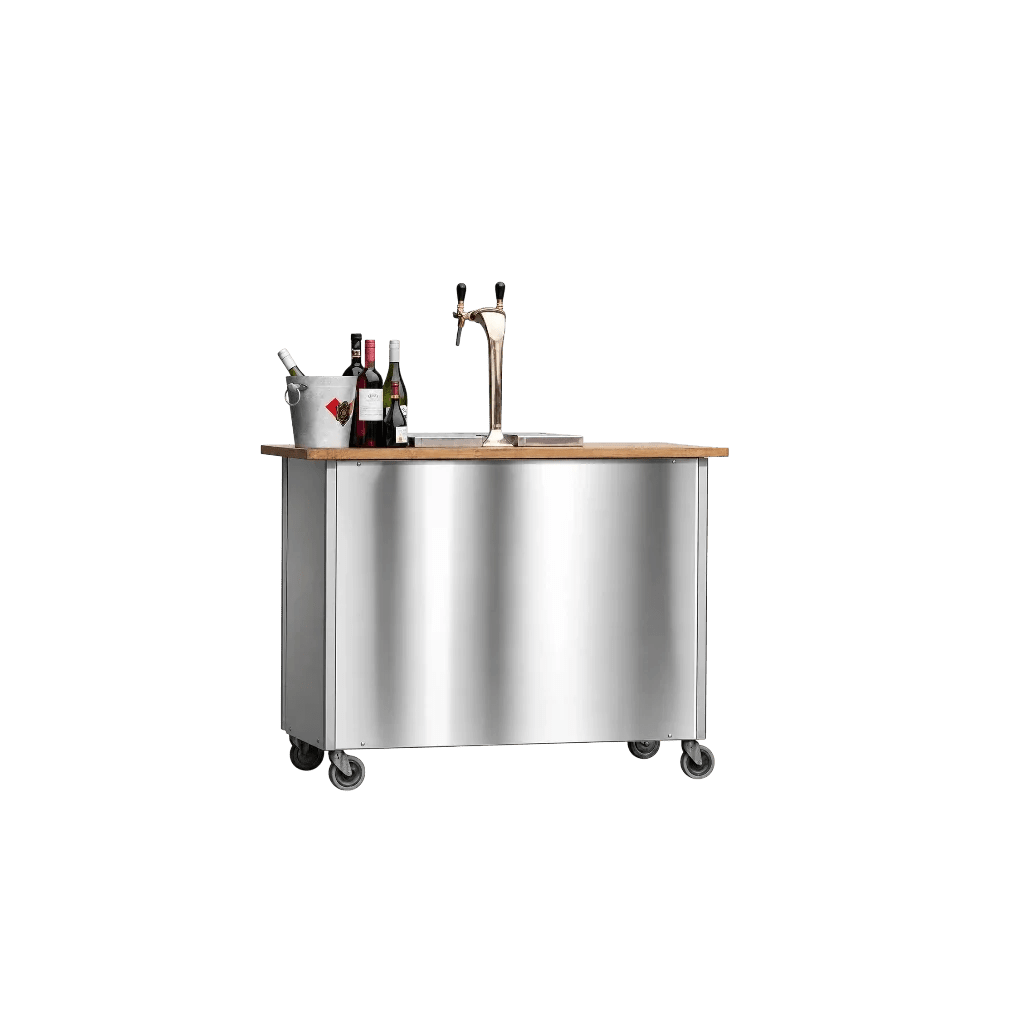 Mobilt øl- og vinbar med forskellige vinemner og en ølkran.