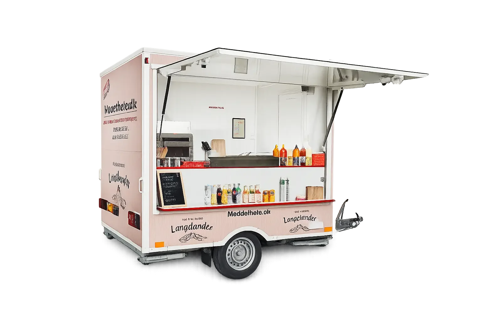 En mobile foodvogn med lyserød og hvid farve, der sælger pølser og drikkevarer, med åbent frontparti og diverse ketchup- og sennepsflasker på disken.
