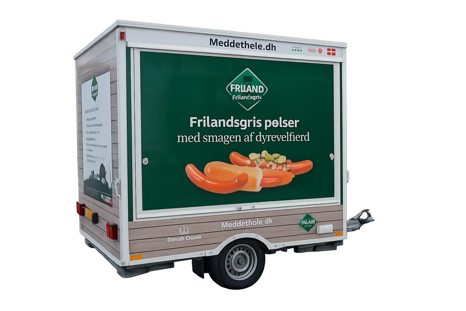Mobil madvogn med logo for Meddethele.dk og Pølsemændens Langelænder, med ketchup, sennep og madlavningsudstyr.