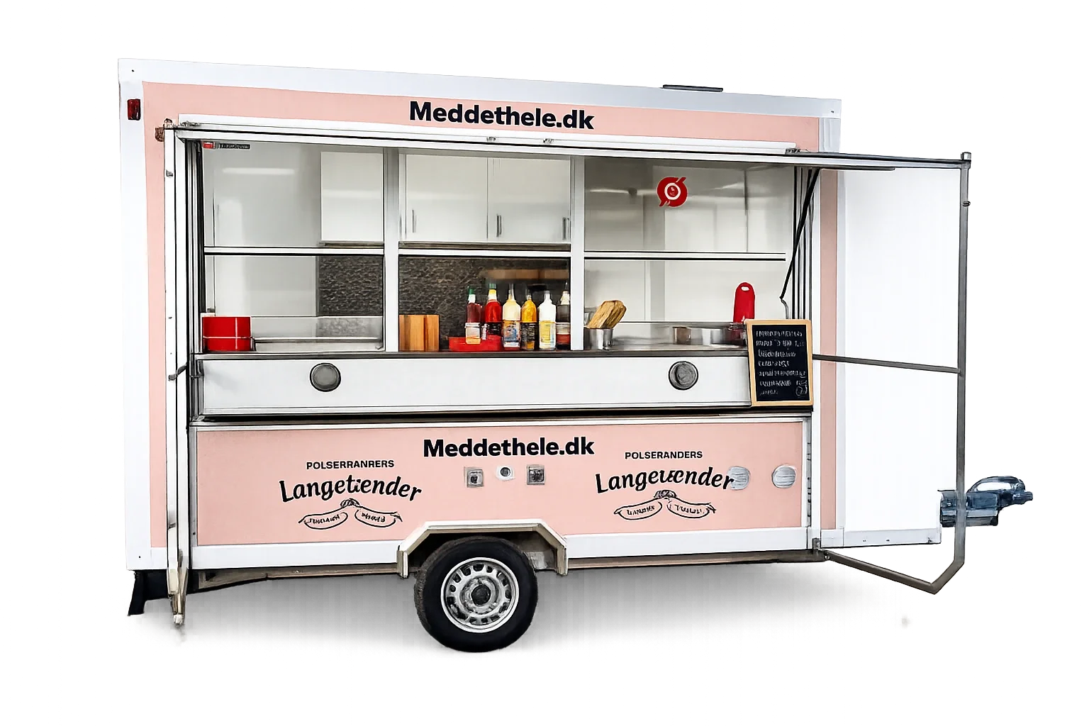 En madvogn med skiltet Meddtelehe.dk, der solgt pølser og hotdogs, med condiments, ketchup, sennep, og andet tilbehør.
