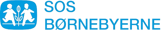 Logo for SOS Børnebyerne med blå baggrund, to børn og en blomst.