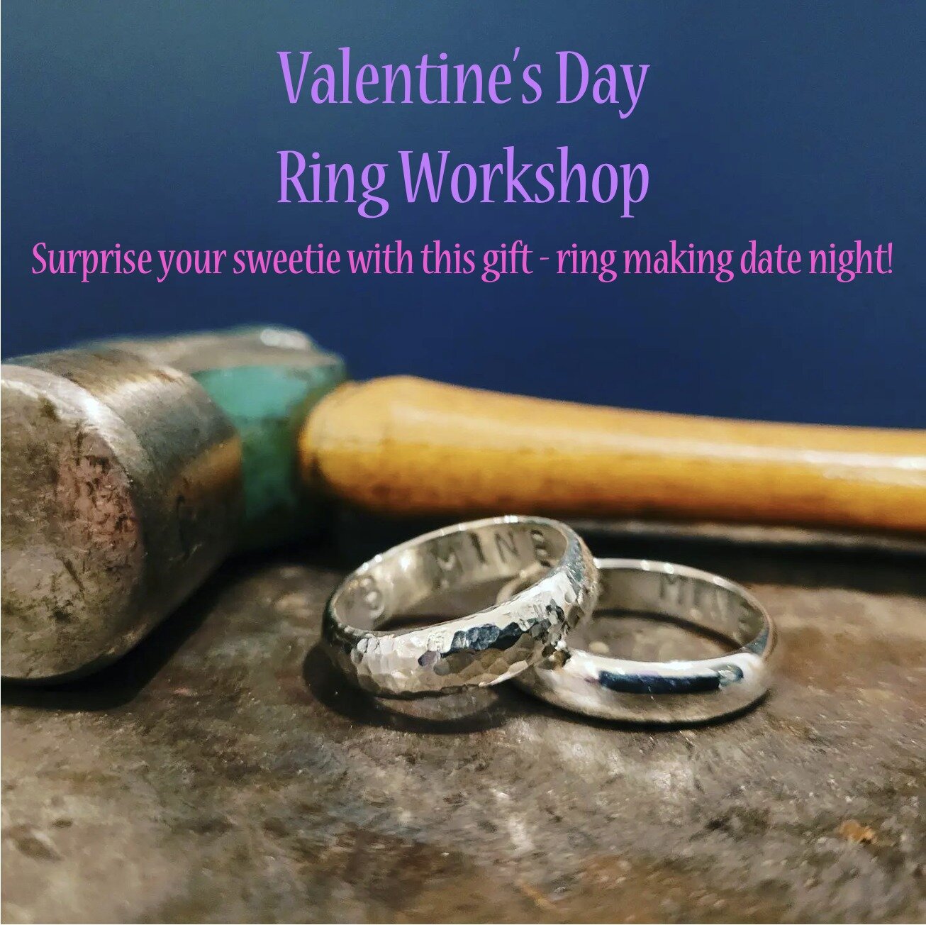Surprise your sweetie with a ring making date night for Valentine's this year! You will each make a textured silver ring, with a secret message written on the inside. 😉😘🤫 This is our fourth year running these workshops, and it is always SUCH a gre