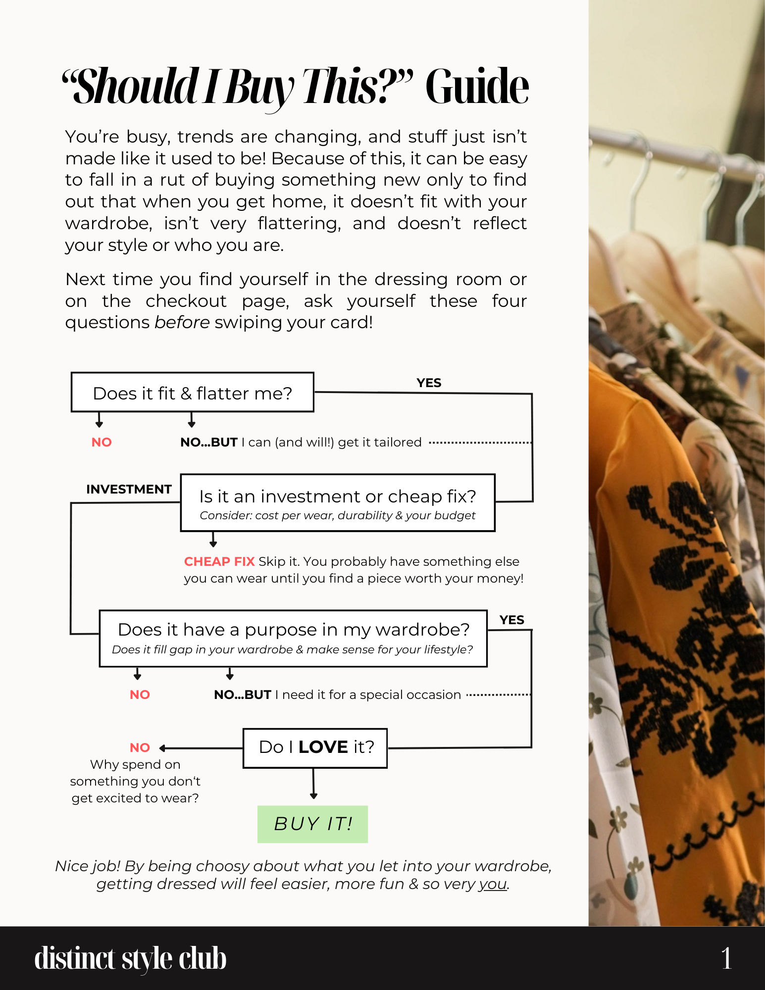 A thoughtful shopping decision guide designed to help you avoid impulse purchases. This worksheet walks you through key questions to determine whether a clothing item truly fits your style, wardrobe, and lifestyle.