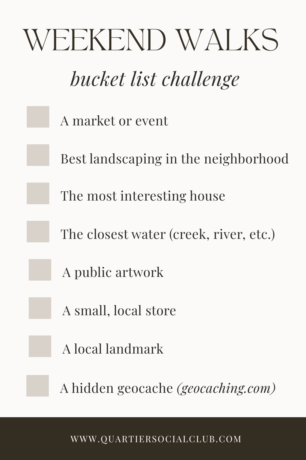 Looking for ideas for what to do this weekend? Try this bucket list of different fun walks to take to explore your town like a tourist.