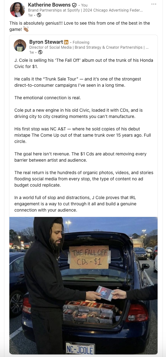J Cole is selling his “The Fall Off” album out of his old Honda Civic for $1, and it is genius
