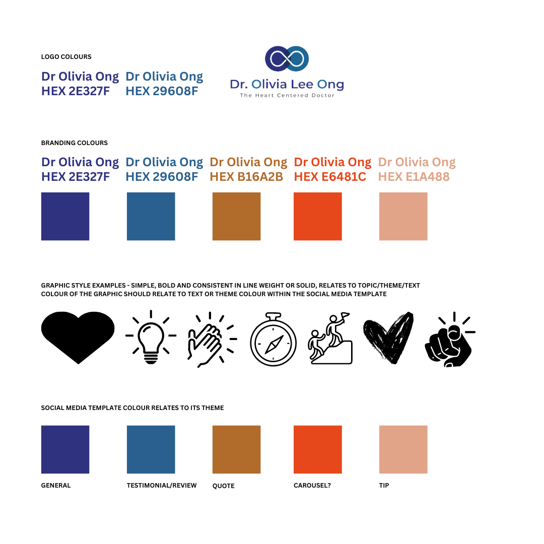 Branding guideline document for Dr Olvia Ong with swatch colours and hex deatils for and sample illustrations for online use.
