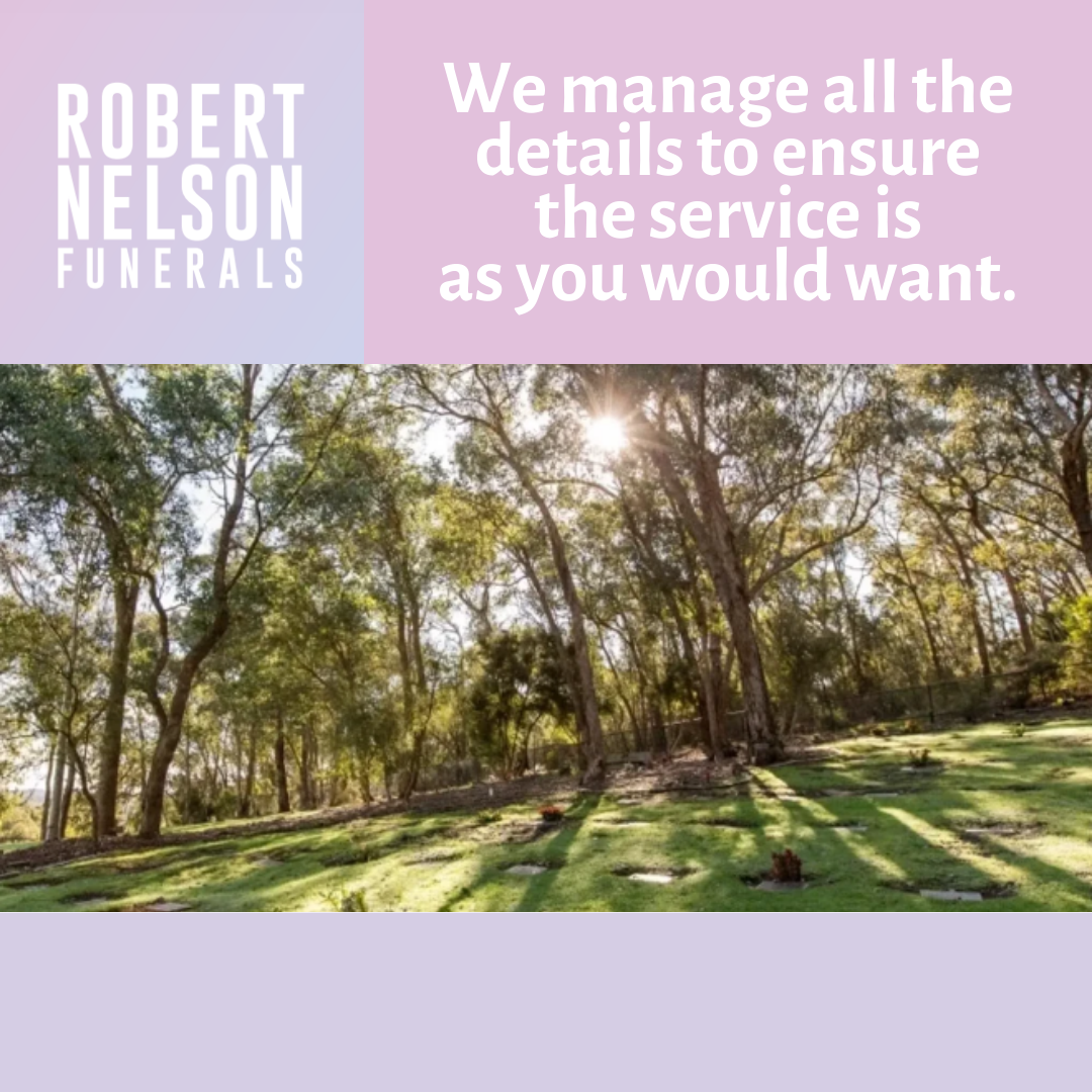 Social media template designs for Robert Nelson Funerals - outdoor image of tall trees and the sun poking through trees to represent peace and satisfaction with funeral service details.