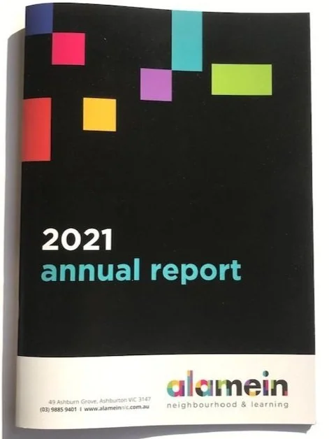Alamein neighbourhood and Learning 2021 annual report showing the Alamein branding colours through squares and rectangles on a black and white cover