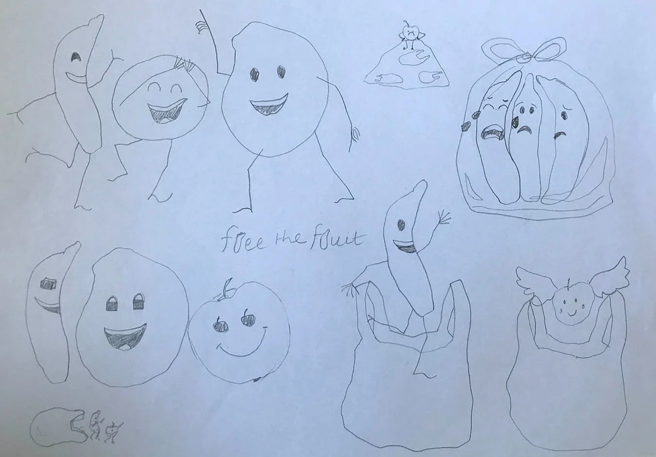 Concept drawings for Free the Fruit Campaign. Roughly drawn grey illustrations showing fruit with personalities and facial expressions trying to escape or show their feelings about soft plastic.