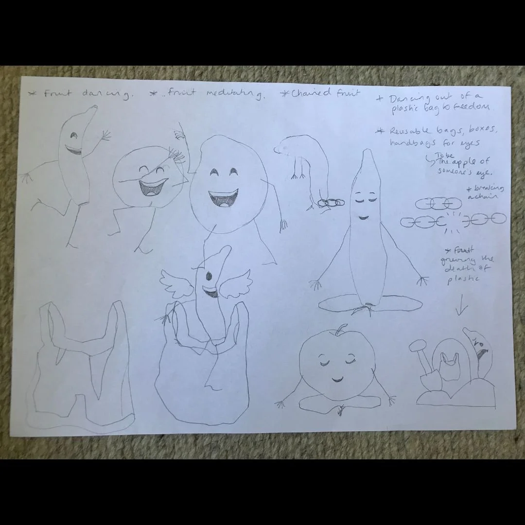 Some hand drawn sketches for the Zero Waste Victoria Free the Fruit Campaign