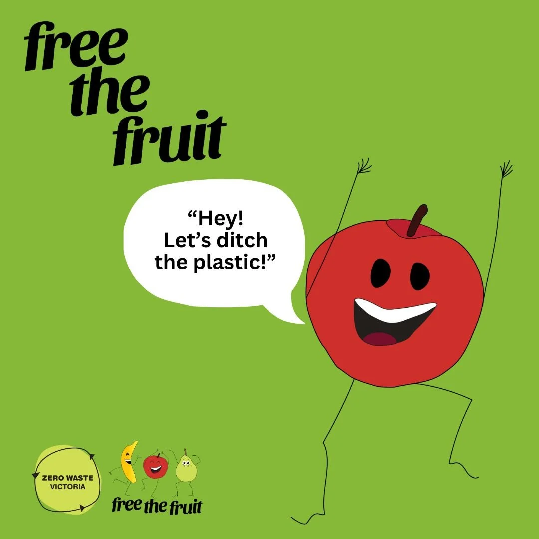 Social Media Tile of jumping red apple for Zero Waste Victoria Free the Fruit Campaign with a speech bubble to stop single-use plastic.