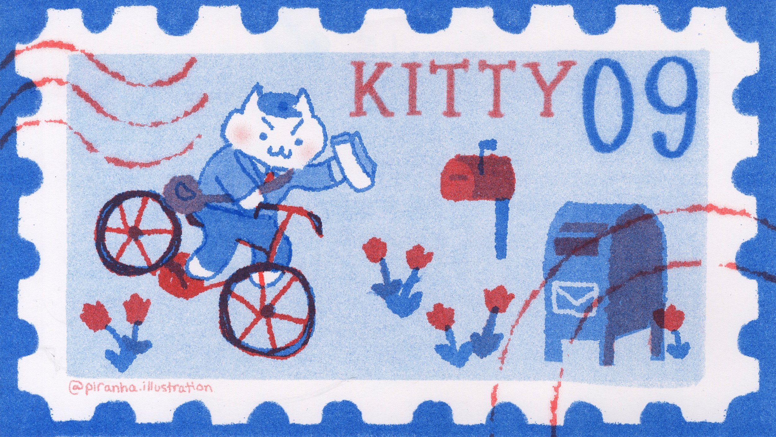 "Postage Kitty", 2-color riso print