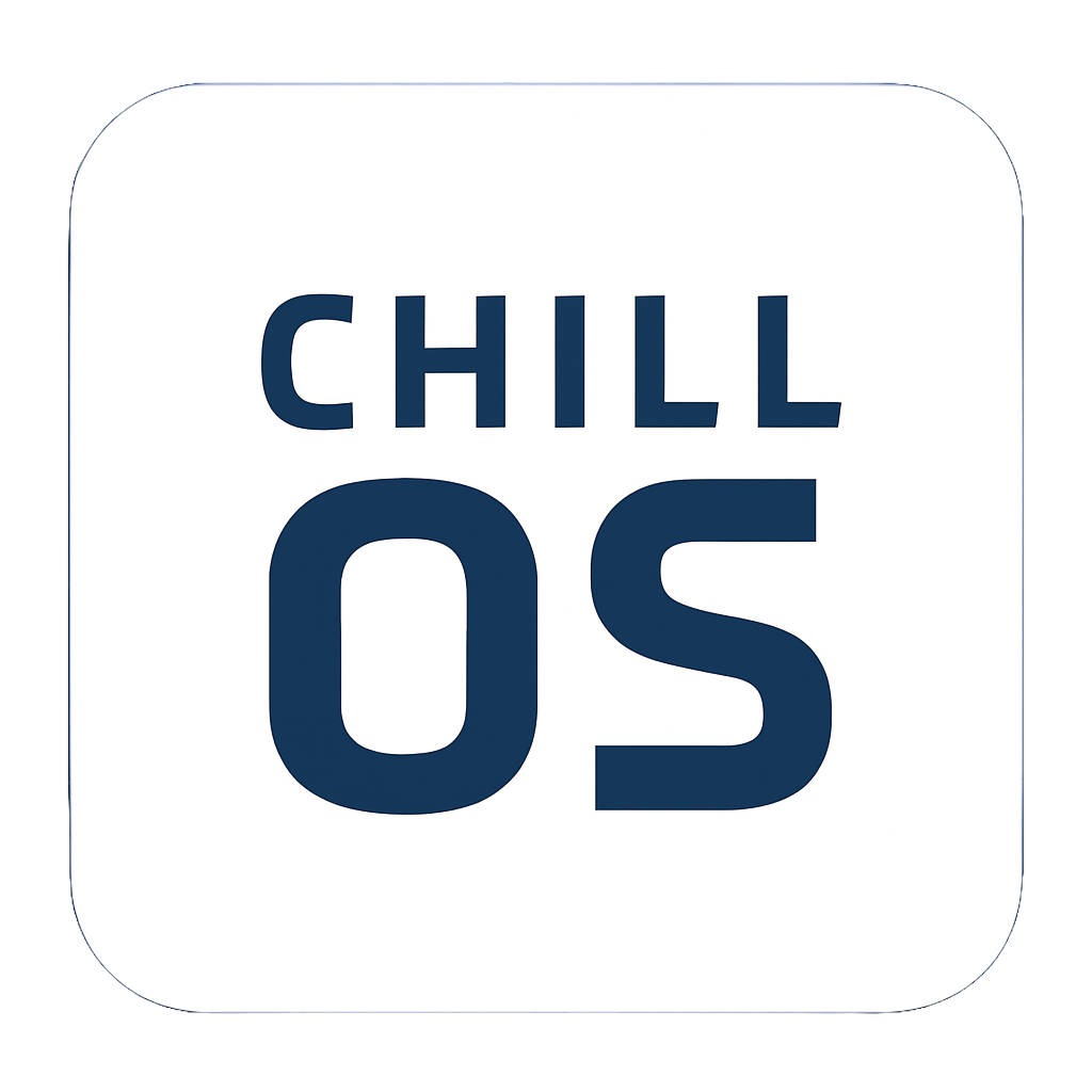 Logo with the words 'Chill Os' in bold blue letters on a white background with rounded edges