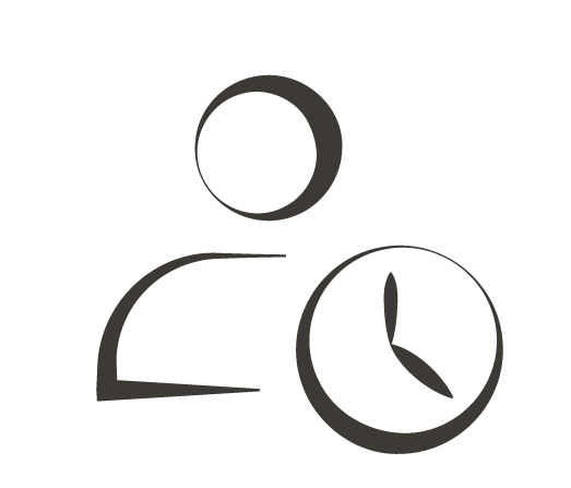 Black and white icon illustration of a large clock face next to a person, representing Rebecca Smith's Person-Centred Counselling availability at The Brixton Practice.