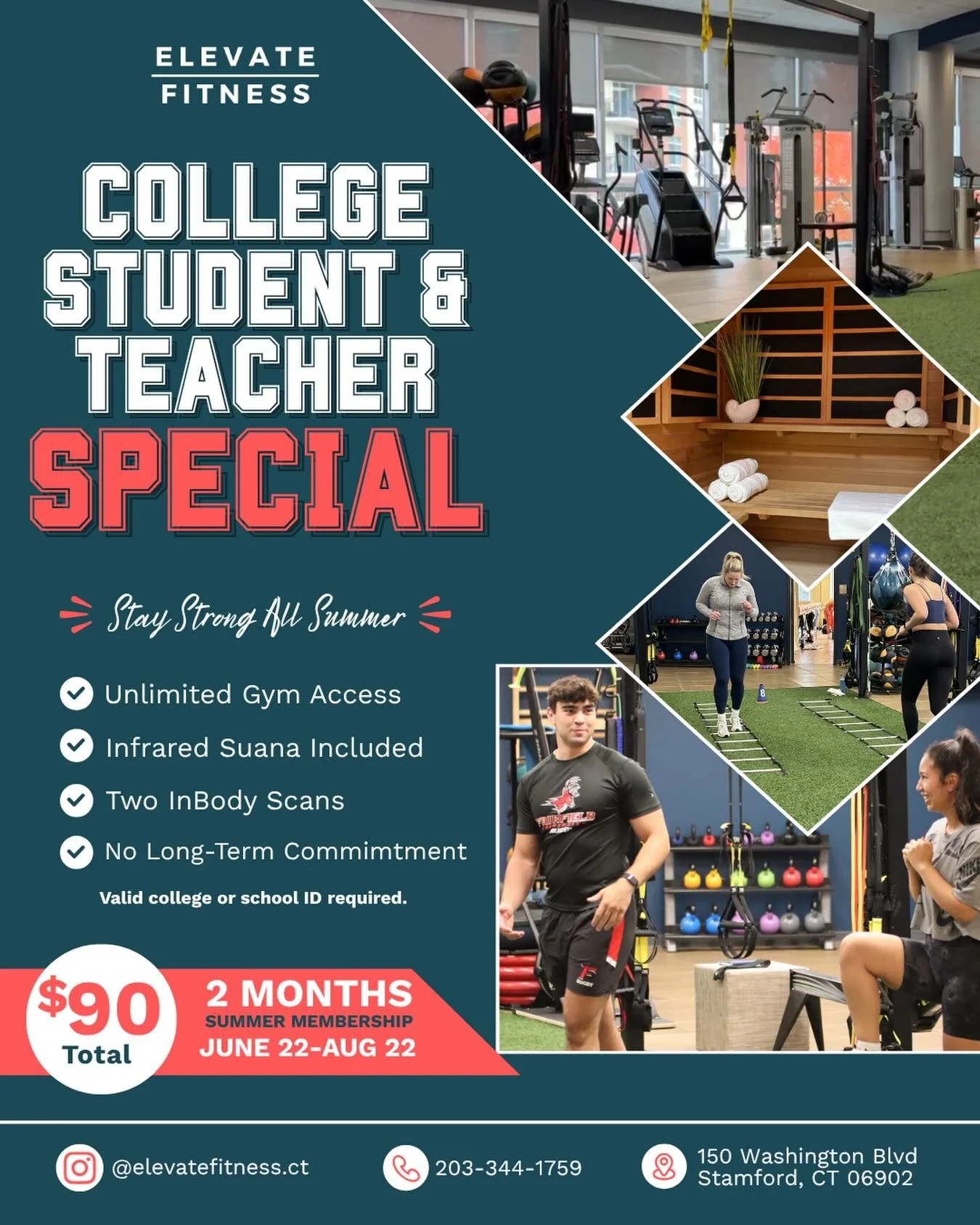 🎓 College Student &amp; Teacher Summer Membership 🎓

Train all summer for just $90!

📅 June 22 &ndash; August 22
💪 Unlimited Gym Access
🏋️ Full Access to Cardio, Strength Equipment &amp; Functional Training Areas
🔥 Infrared Sauna Access
🚿 Lock