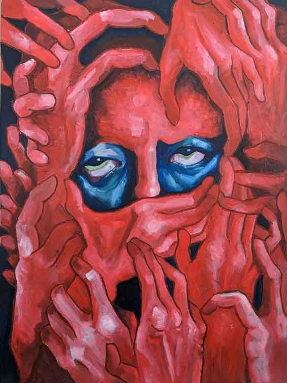 The Second Triptych (November 2022)
18 x 24”
Oil on paper
The second portrait focuses on the suffocation that comes from having your voice continuously silenced by those who claim to love you.