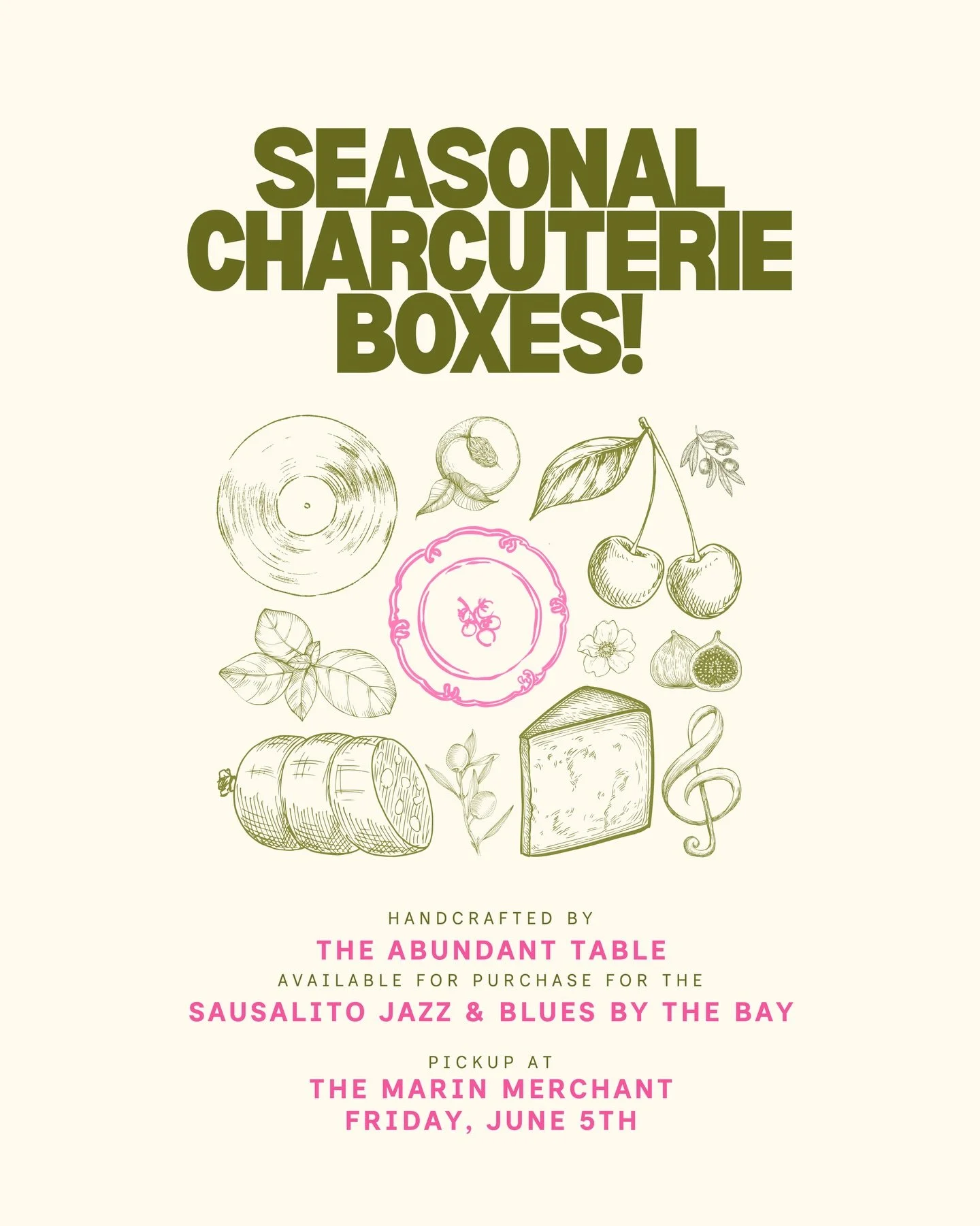 If you&rsquo;ve ever wanted to try our charcuterie, now is the time! 🎷🎶

We&rsquo;re so excited to be making a limited number of handcrafted, seasonal charcuterie boxes available for pre-order now and pickup at&nbsp;The Marin Merchant on Friday, Ju