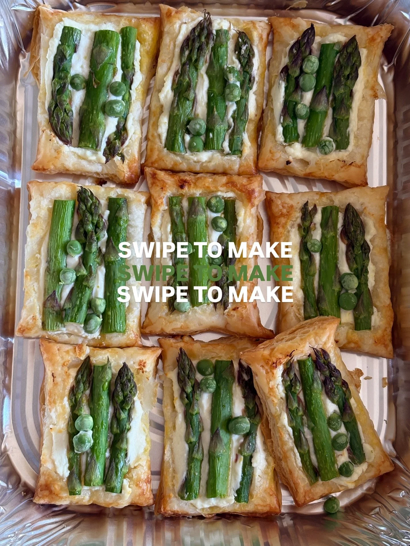 Swipe to assemble our spring tartlets 🫛 Recipe below ⬇️

- Preheat oven to 400&deg;. Cut puff pastry into small rectangles and score a border around the edges.
- Bake for 8 mins
- Mix goat cheese with herbs (we used parsley &amp; dill) and salt
- Sp