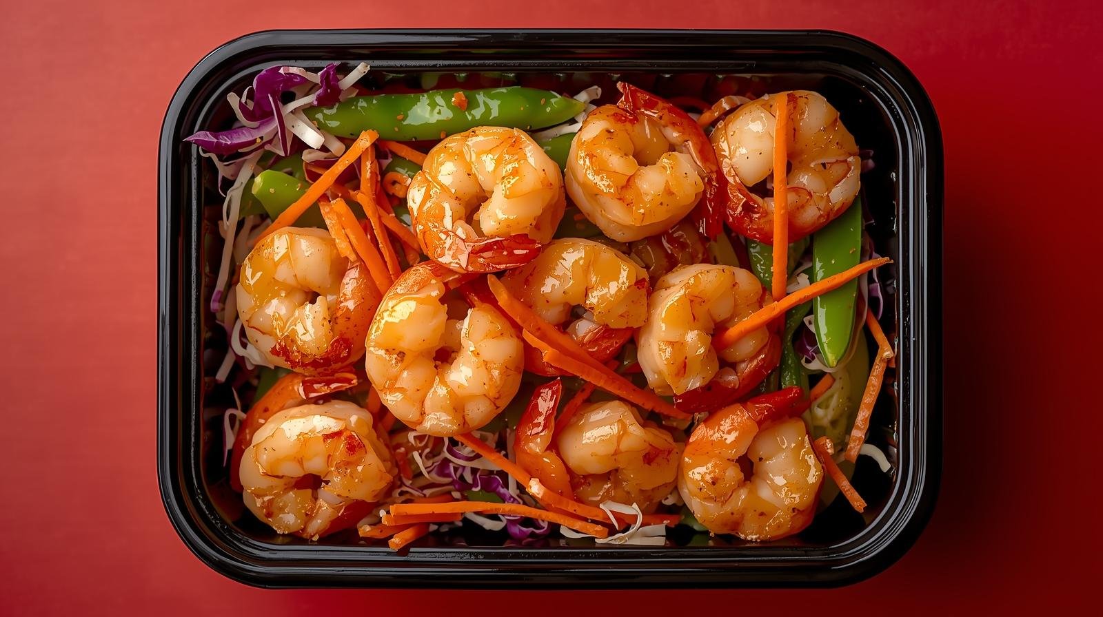 create image for Honey fennel glazed shrimp_    Napa cabbage, carrots, snap peas in a black to go box.jpg