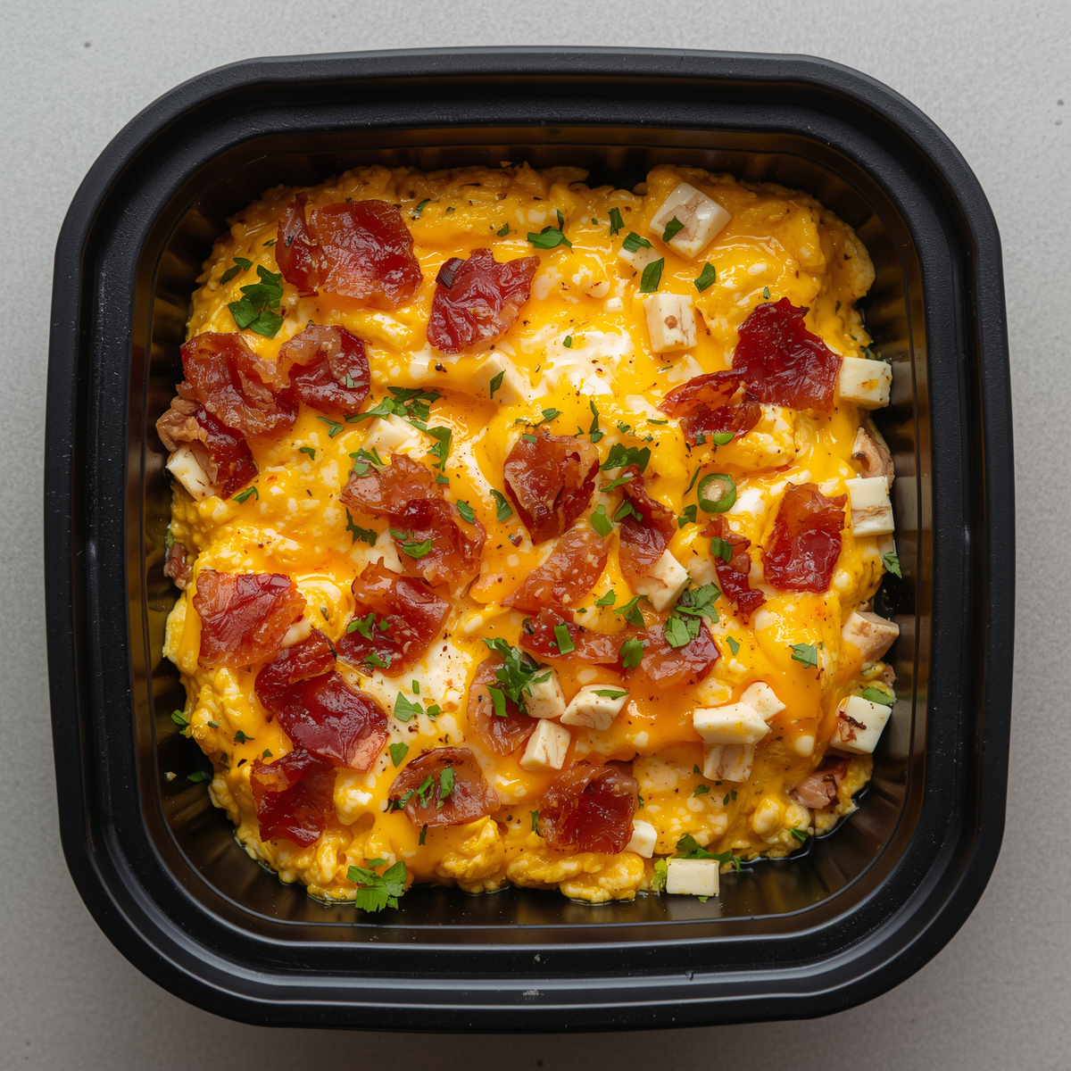 Egg bake with bacon, cheddar cheese, and fresh herbs in a black to-go container for meal prep, eggs fully scrambled and mixed with no visible egg yolks.jpg
