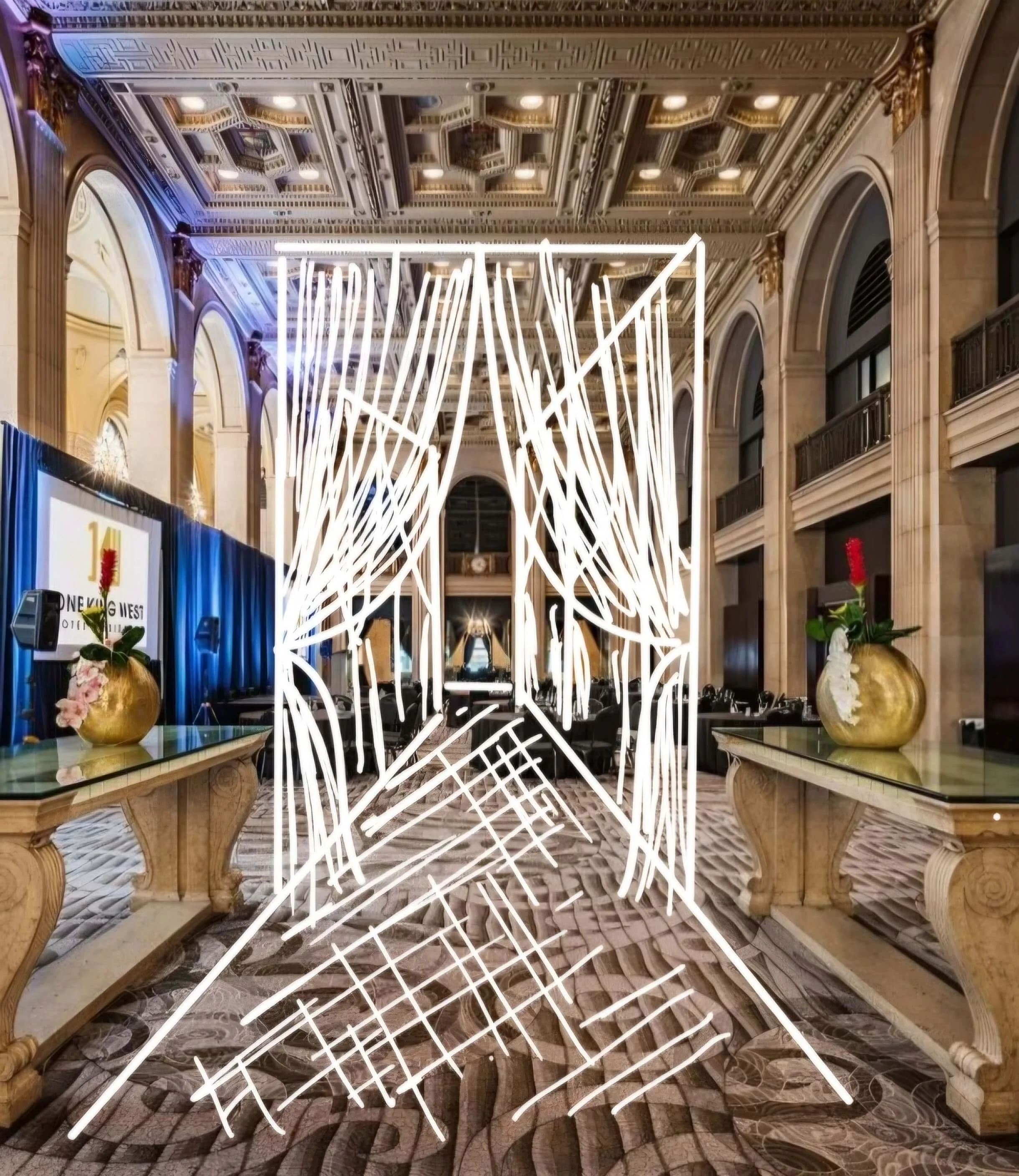 Illuminated modern art installation with white neon lines creating an abstract pattern inside a grand hall with ornate ceiling, arched windows, and floral decorations on tables.