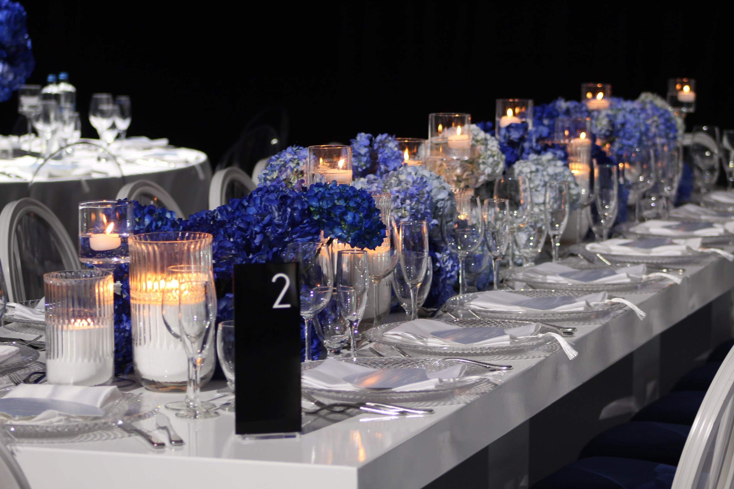 Luxurious Blue Hydrangea Tablescape with Candlelight (Copy)
