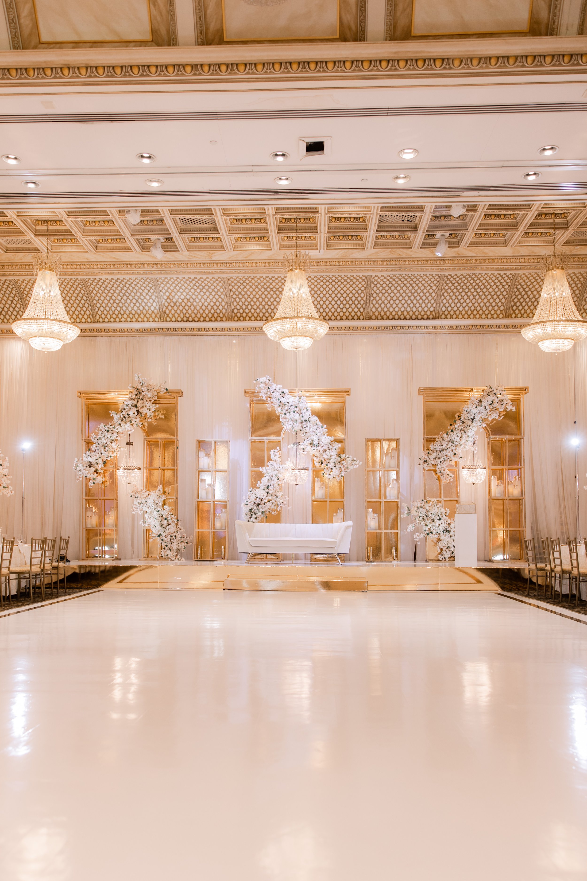 Elegant White and Gold Wedding Stage at Chateau Le Jardin