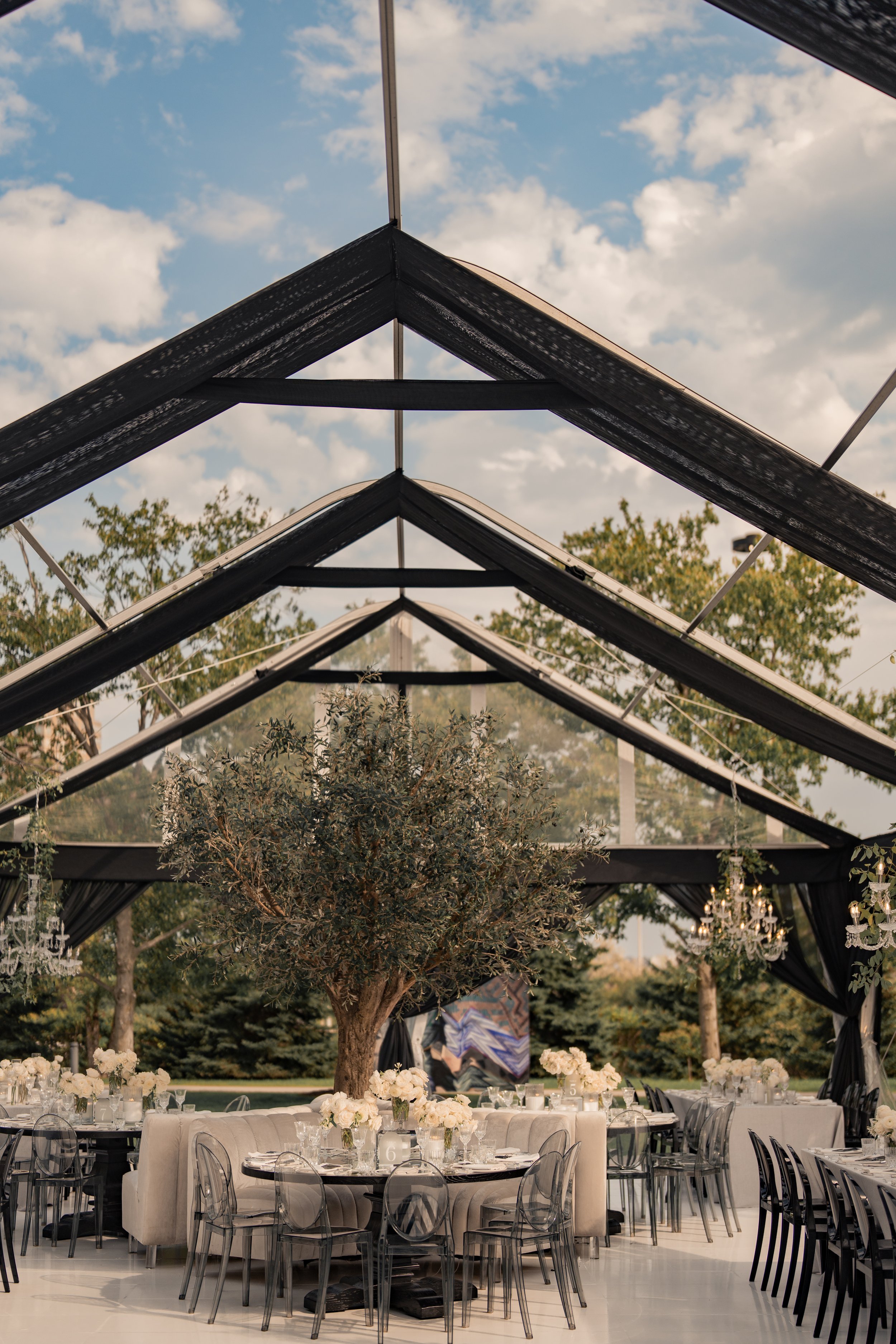  The venue was an outdoor tented wedding reception with a transparent roof, featuring a central olive tree, round and rectangular tables, ghost chairs, neutral floral centerpieces, and hanging chandeliers. 
