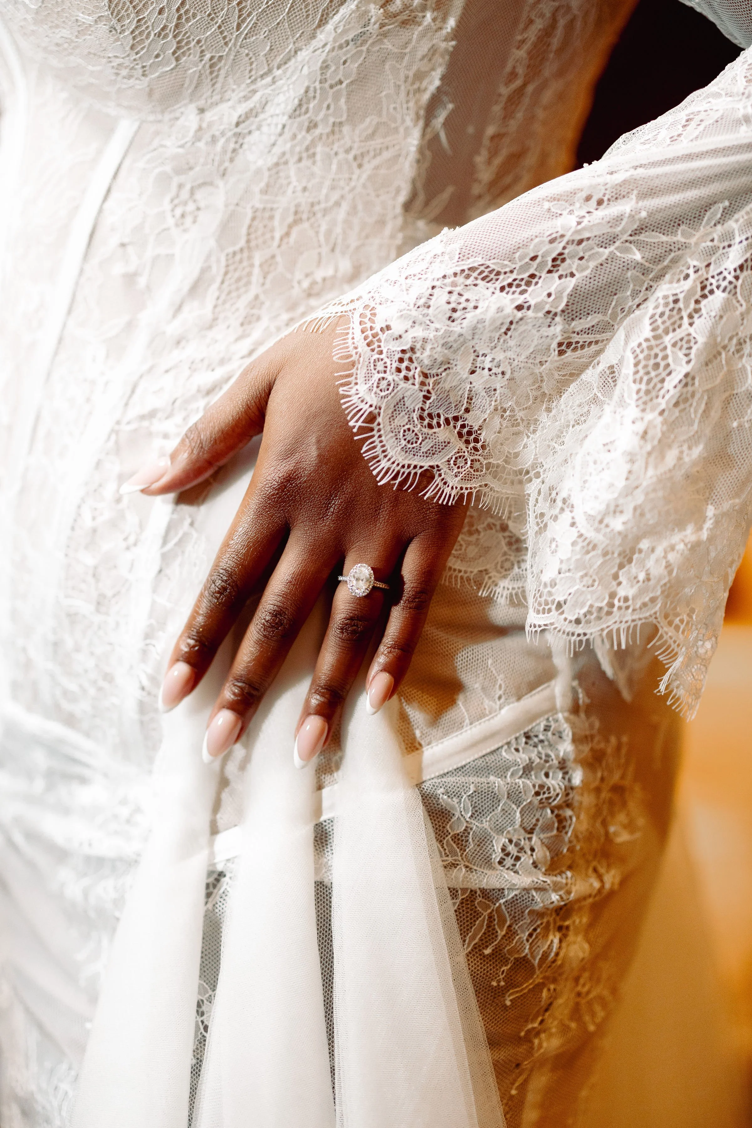 Bridal Lace Sleeve and Engagement Ring Detail