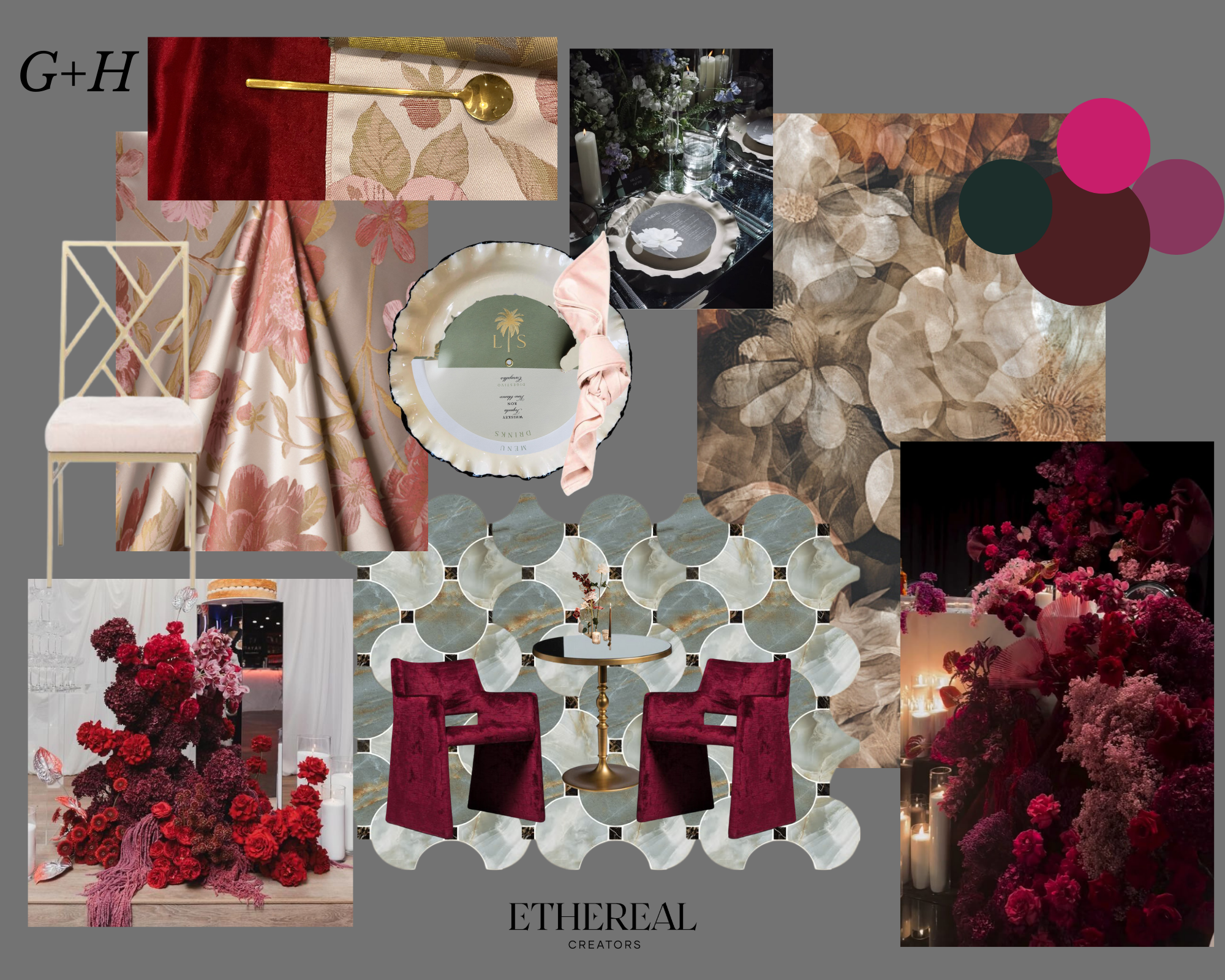 A collage of floral and interior design elements in a warm, romantic color palette. Features include floral arrangements, textured fabrics, decorative plates, a table setting, velvet chairs, and a variety of flower-themed decor items.