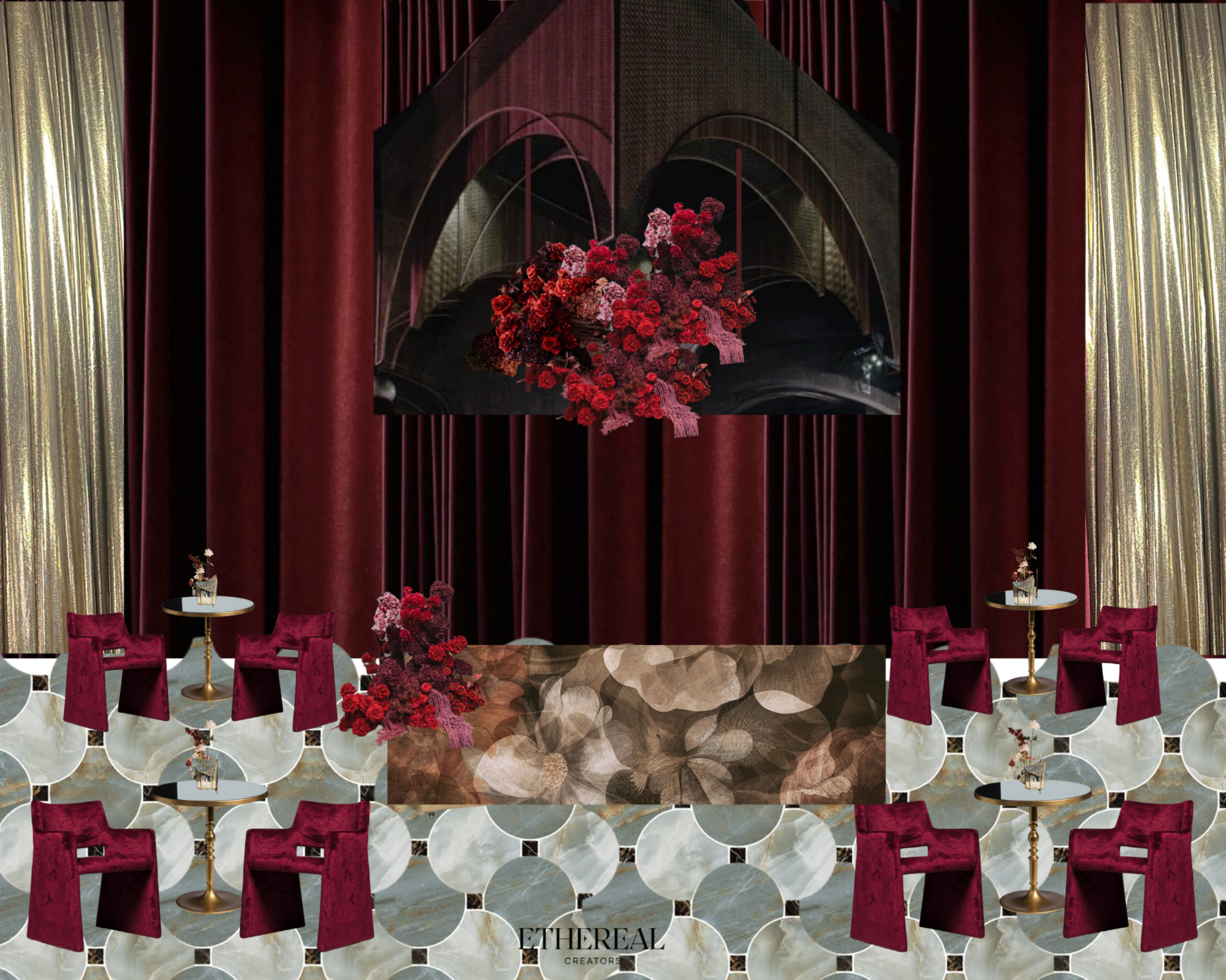 3D rendering of a luxury wedding lounge design at Universal Studios featuring custom seating, layered textures, and dramatic florals by Ethereal Creators
