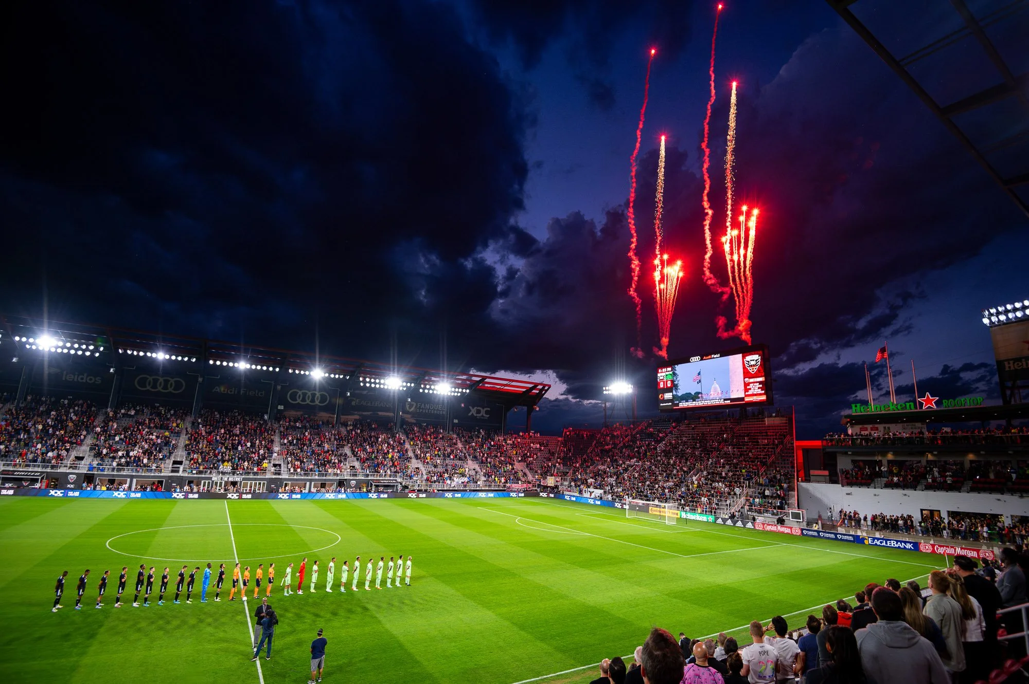Fireworks light up the sky over Audi Field during the national anthem prior to a match between D.C. United and Austin FC in 2022. (Cody Cervenka/Crvnka Photography)