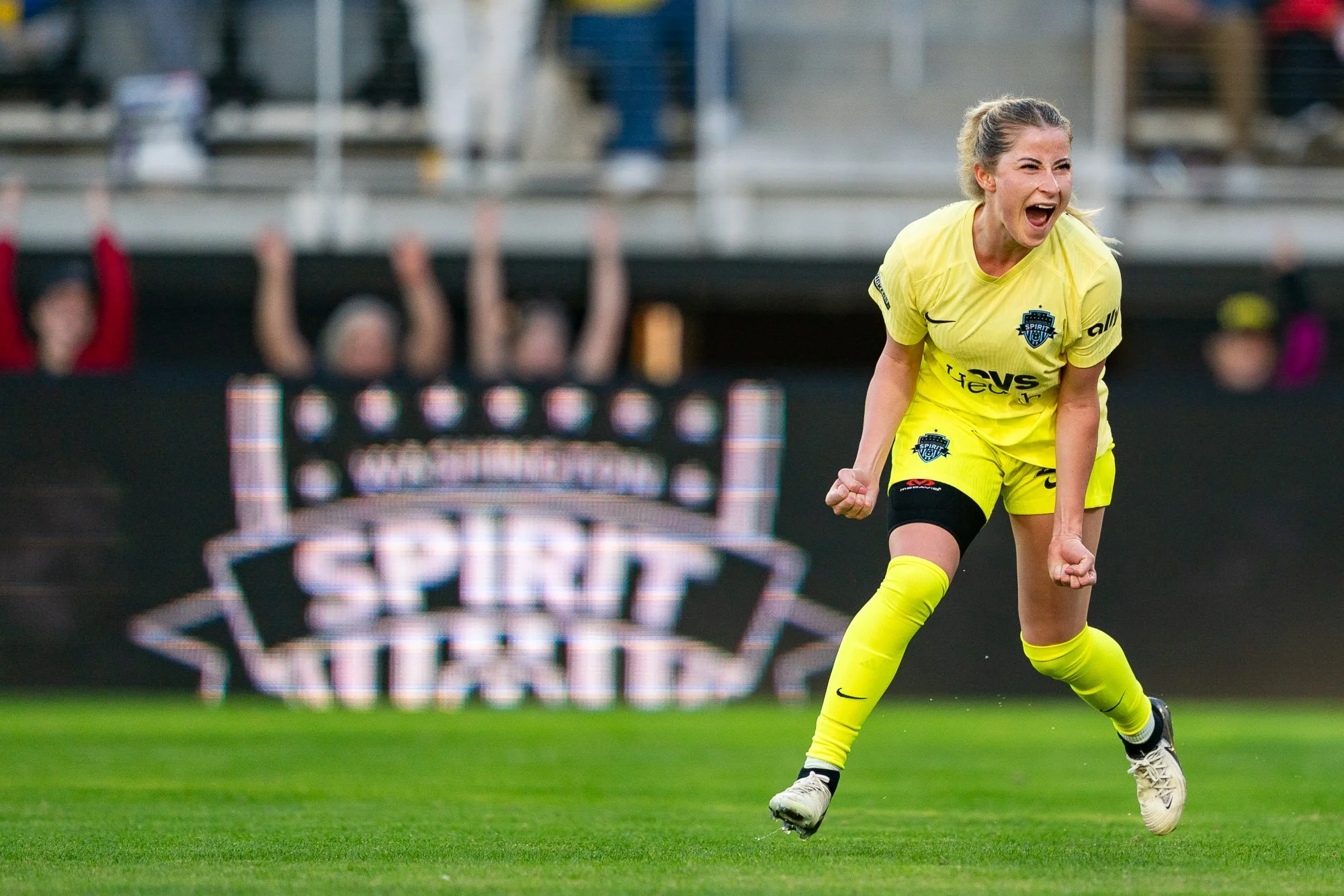 Heather Stainbrook celebrates after scoring a goal during a Washington Spirit vs. Chicago Stars FC match on October 20, 2024 at Audi Field in Washington, D.C. (Cody Cervenka/Crvnka Photography)