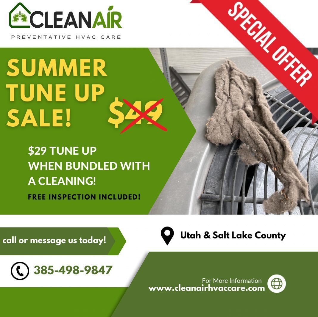 📣 OUR SUMMER TUNE UP is in full swing!

Get your tune up for only $29 when you bundle it with a preventative cleaning 🧼 🌱

🧐 Unsure if you need a cleaning?

Message us to schedule a free inspection! 

📲 385 498 9847
📩 cleanairhvaccare@gmail.com