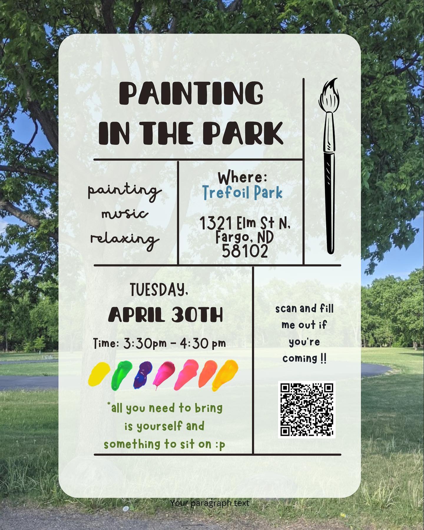 Need an hour to chill out, paint, and listen to some good tunes, stop by Trefoil Park with @kaylyn_haug around 3:30-4:30 on April 30th!

I will have painting materials provided, so all you need to bring is your beautiful self 🫶🏻

Don&rsquo;t forget