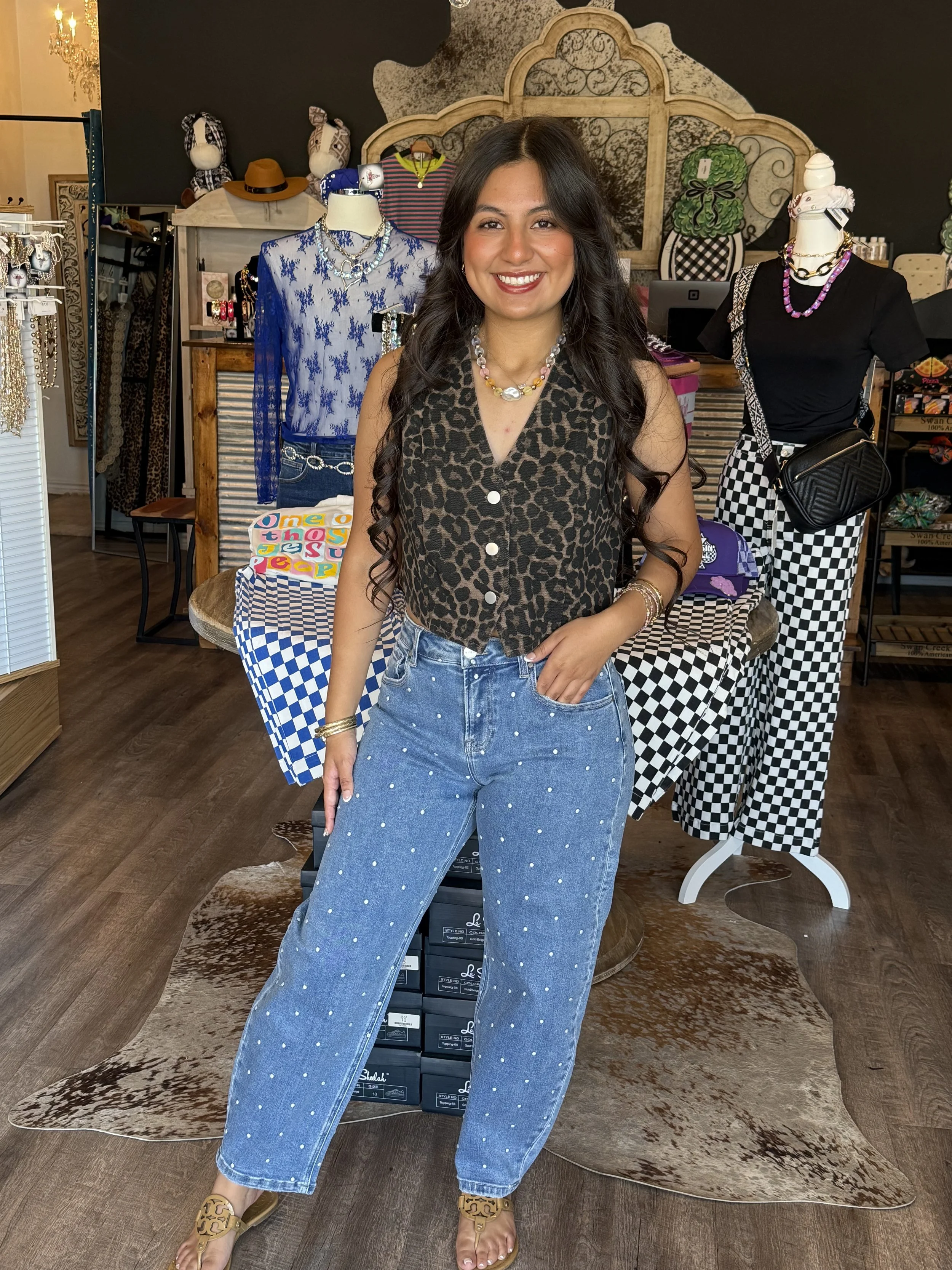 Risen High Rise Crop Barrel Polka Dot