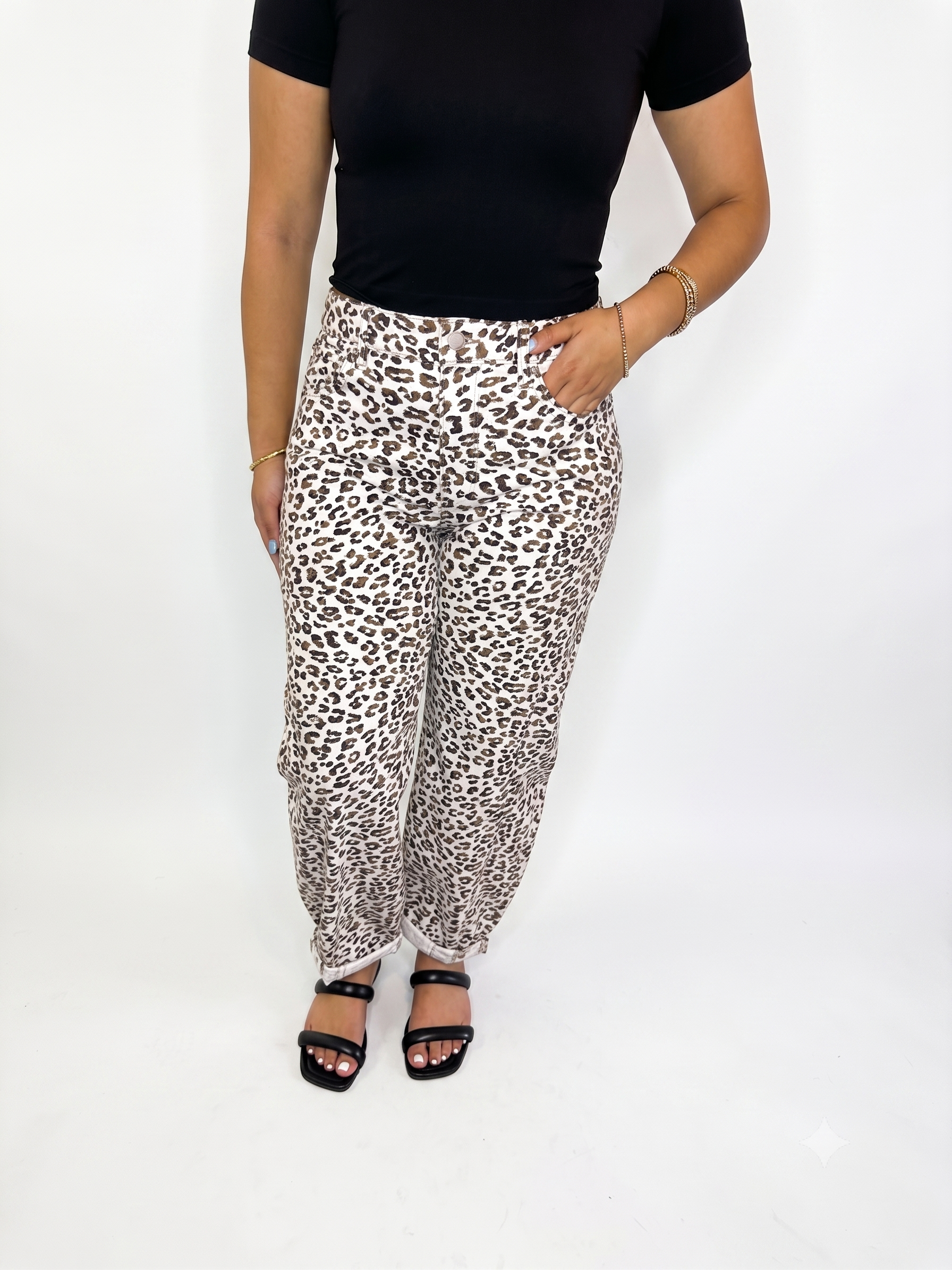 Risen Slouchy Crop Barrel Leopard Cuffed Hem Pants-Comport