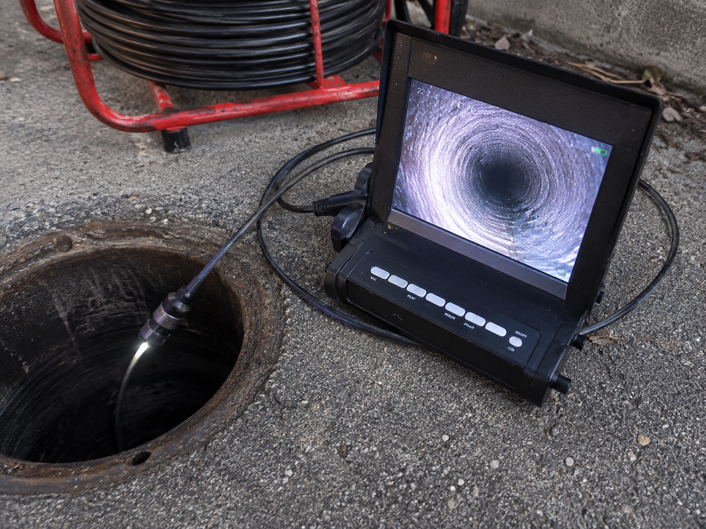 A pipe inspection camera connected to a monitor showing the inside of a sewer pipe, placed on asphalt ground next to an open sewer opening.