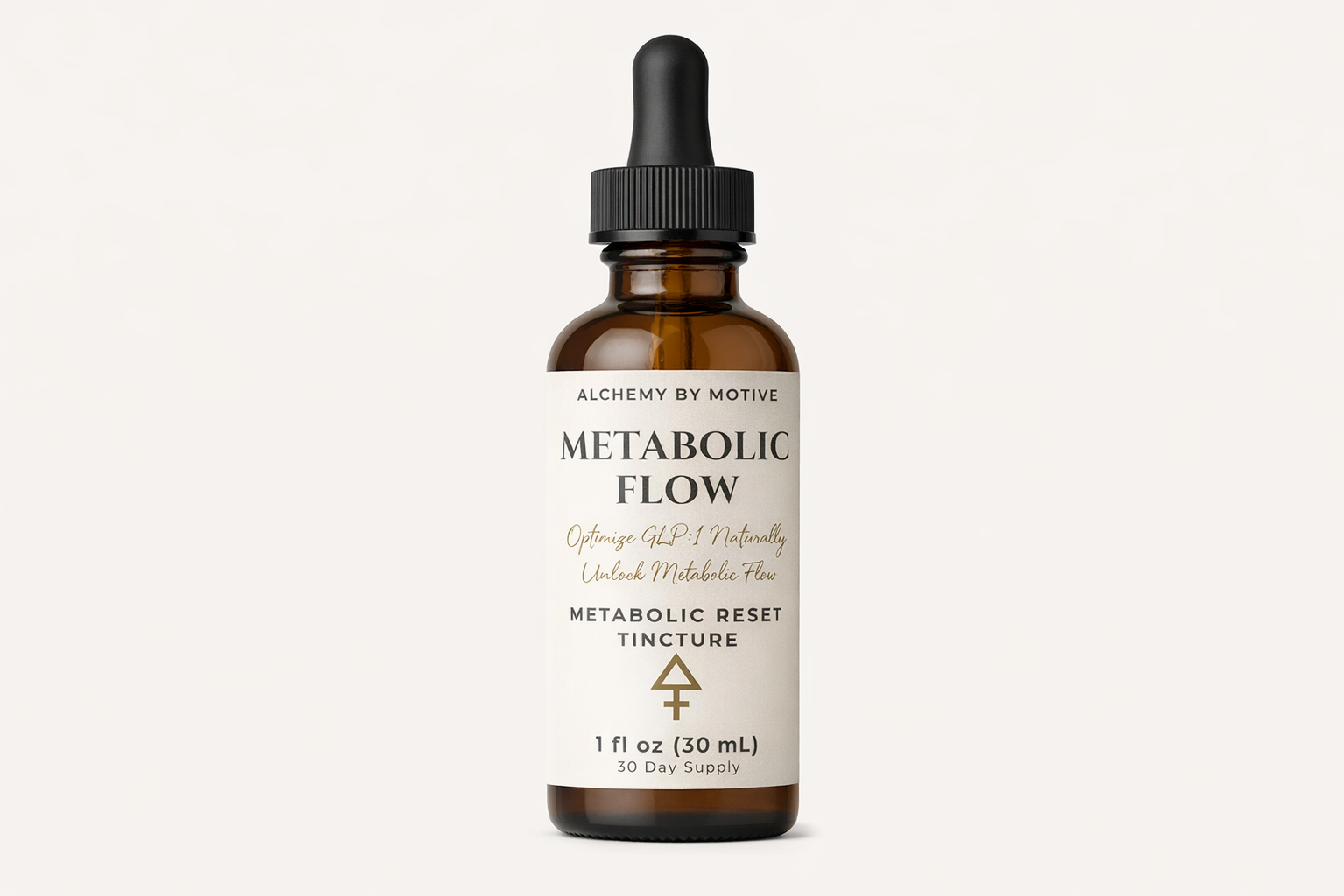 Brown dropper bottle labeled "Alchemy by Motive Metabolic Flow GLP-1 Activating Tincture, 2 fl oz (60 mL)".