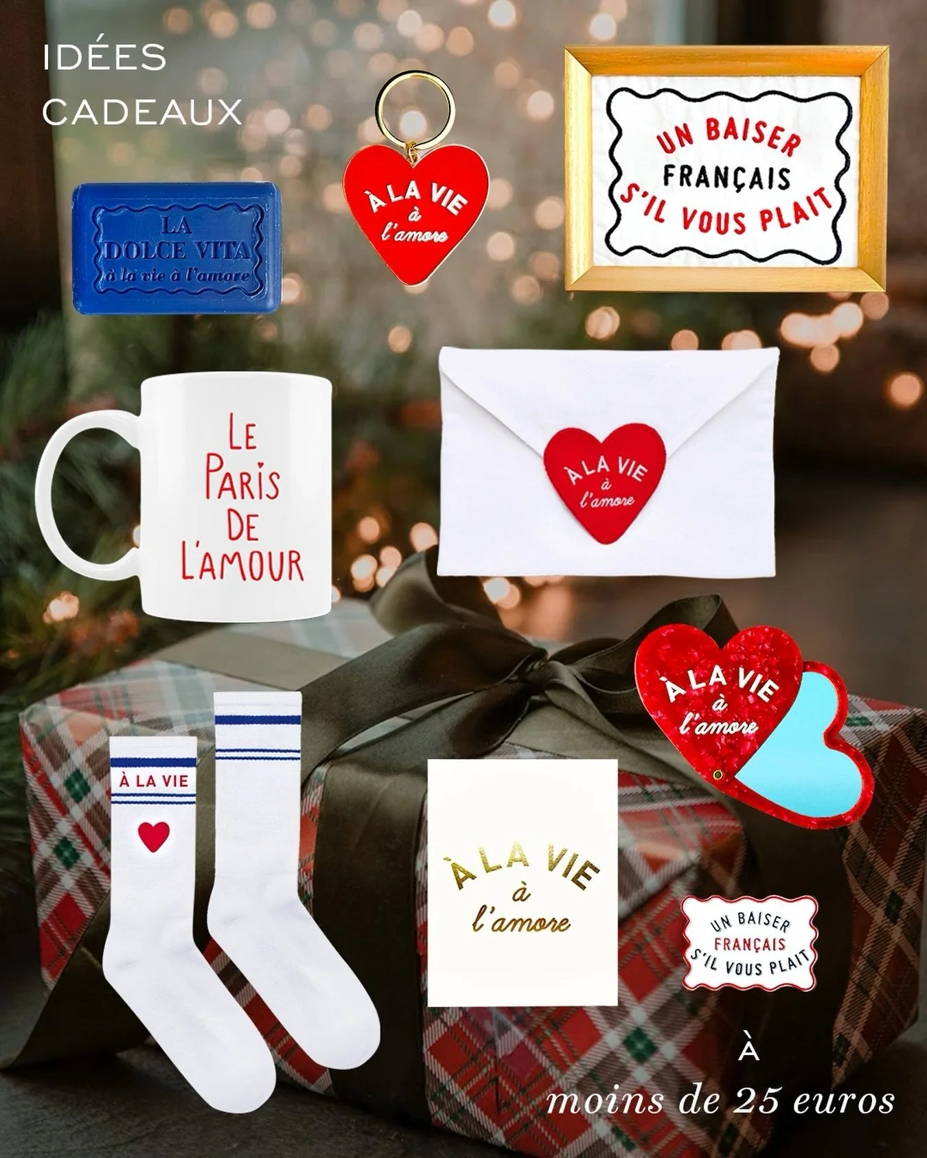 Savon bio Manarola 11&nbsp;&euro;
Porte-cl&eacute;s 13,80&nbsp;&euro;
Affiche en coton brod&eacute; 20&nbsp;&euro;
Mug Le Paris de l&rsquo;Amour 18,90&nbsp;&euro;
Pochette Verona 26,80&nbsp;&euro;
Chaussettes Parisiennes 20&nbsp;&euro;
Carte de voeux